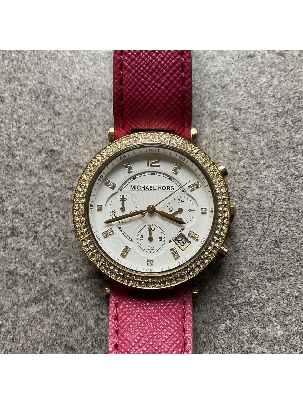 Michael Kors Womens Chronograph Watch MK2297 39mm Gold Tone Case Pink Band A20
